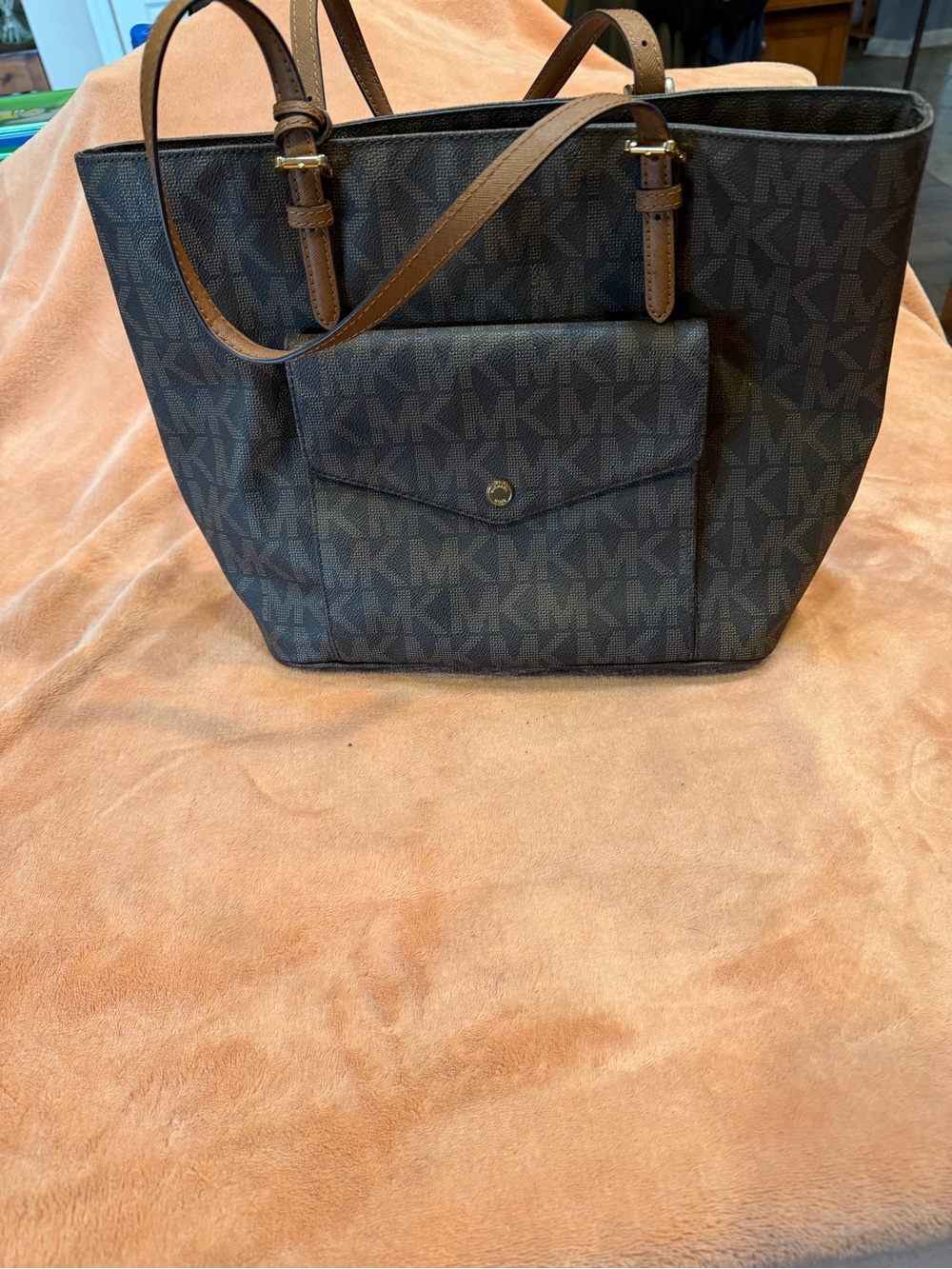Michael Kors Dark Brown MK Logo Tote with Front Snap Pocket